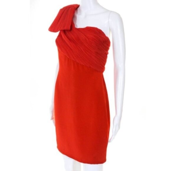 Marchesa Notte Mini Dress 0 One Shoulder Bow Cocktail Party Silk Sculpted Orange - Picture 1 of 8